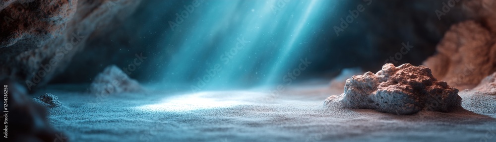 Poster soft beams of light filter through the water, creating a serene atmosphere. the ocean floor is revea