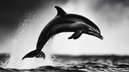 Obraz premium Dolphin Leaping Ocean Wave - A majestic dolphin gracefully leaps from the ocean, creating a splash of water. Black and white photography enhances the image's dramatic impact.