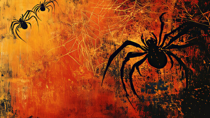 Halloween sale banner with spiders and cobweb. Vector promo background or coupon for autumn holiday discount offer. Advertisement card with grunge strokes. and eerie arachnids hang on spiderwebs