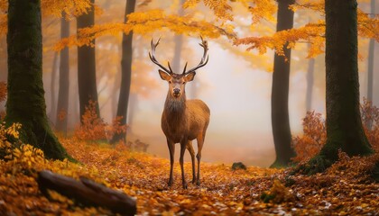 Autumn Serenity A Majestic Deer Seamlessly Blending with Rich Goldens and Mists within an Enchanted Forest Backdrop, Embracing the Gentle Melancholy of Twilight.