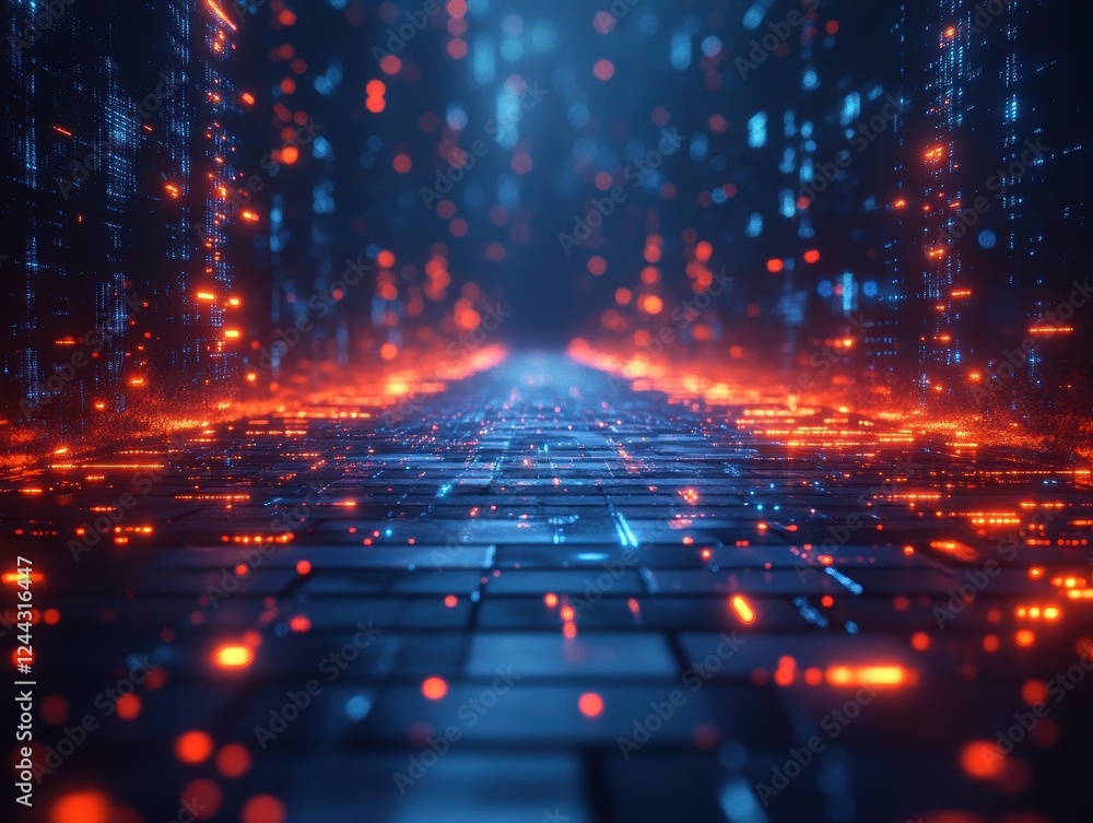 Poster a futuristic digital pathway illuminated by vibrant lights and data streams.