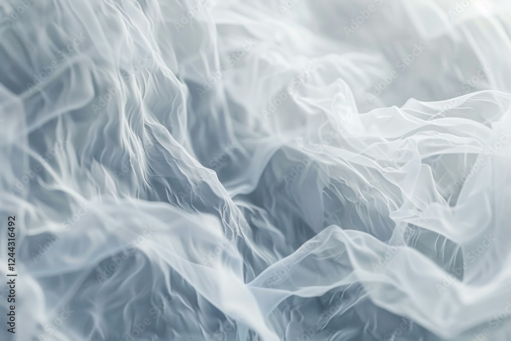 Poster close up of delicate white fabric flowing and creating abstract shapes, ideal for backgrounds and te