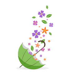 Green umbrella with spring flowers on white background