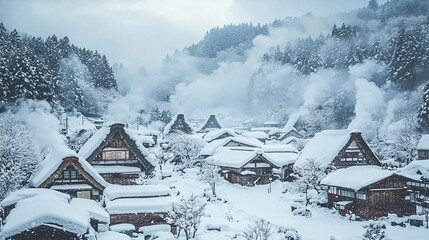 Naklejka premium Snow-covered village in winter surrounded by forests and mountains