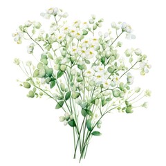 Gypsophila Watercolor Floral Set. Hand Painted Illustration of Wild Herbs & Flowers. Vintage Botanical Illustration with Greenery on White for Design & Print Invitations