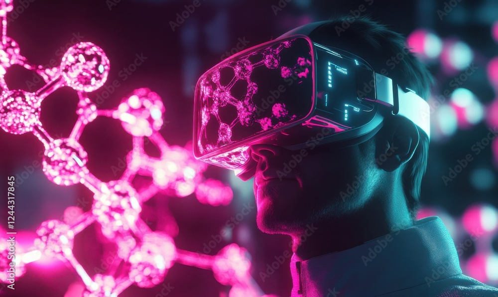 Poster a laboratory scientist wearing vr glasses immersed in a glowing 3d simulation of molecular structure