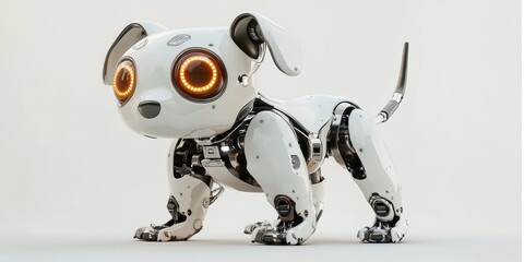 A futuristic robotic puppy showcasing sleek, mechanical design and glowing features, ideal for technology, innovation, and pet-related businesses.
