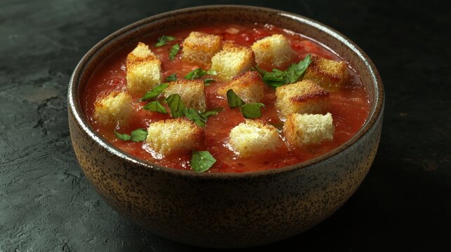 A bowl of soup with bread crumbs on top