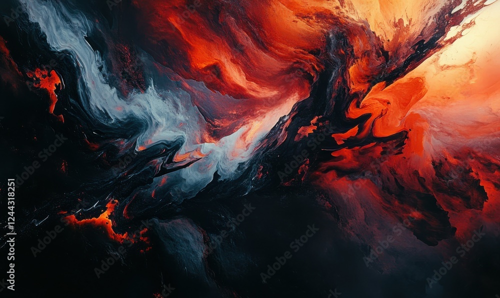 Poster bold abstract painting with deep red, orange, and black strokes, creating an intense and dynamic com