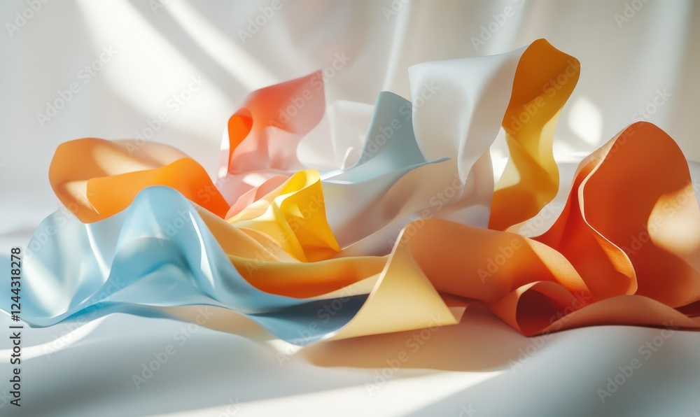Poster abstract arrangement of colorful paper pieces with dynamic folds and shadows, creating a playful and