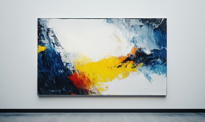 Bold abstract painting with strokes of deep blues, yellows, and whites, set against a minimalist gallery wall, radiating artistic creativity