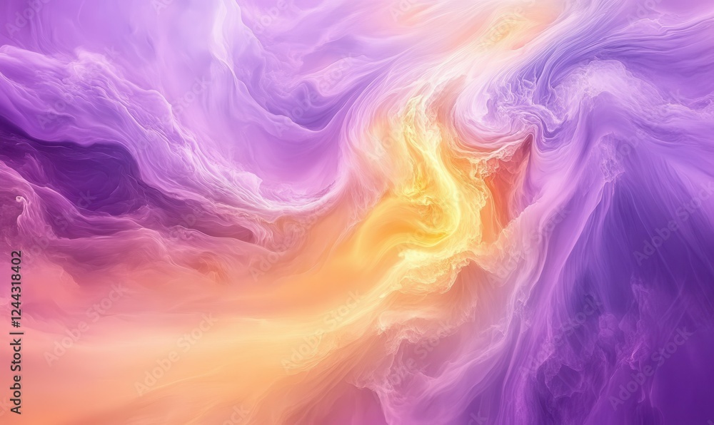 Poster abstract composition of swirling particle clouds in soft golden and purple hues, creating a dreamy c