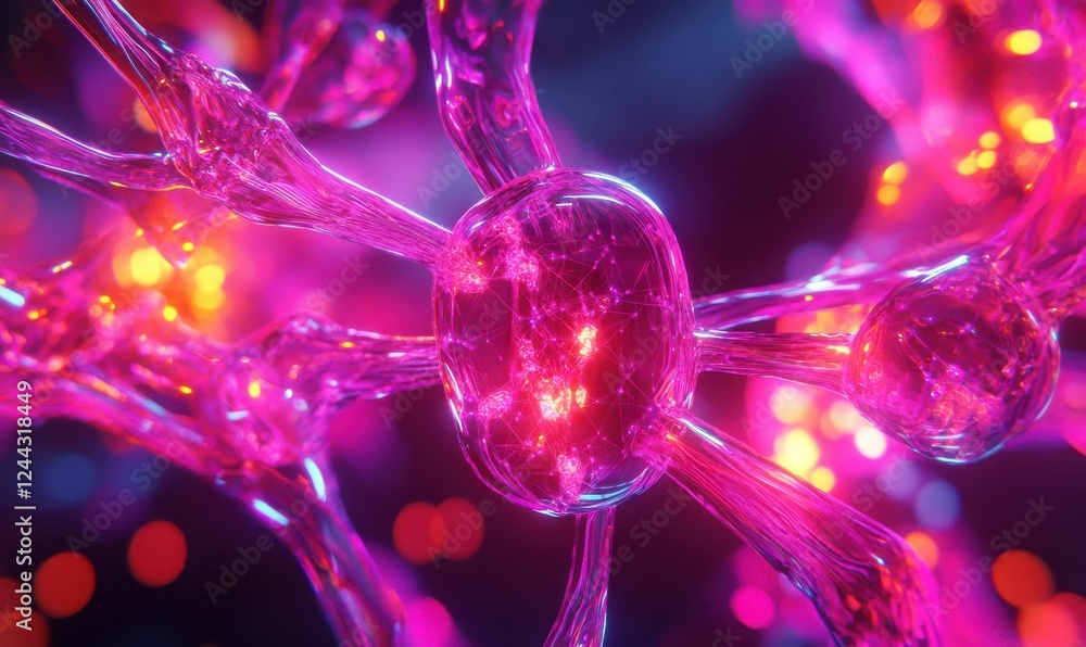 Poster abstract depiction of glowing nodes connected by flowing neon pink and orange lines, creating a dyna