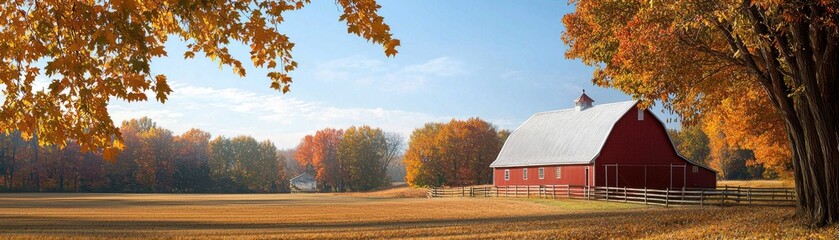 Obraz premium A picturesque autumn scene featuring a red barn surrounded by vibrant fall foliage under a clear blue sky.