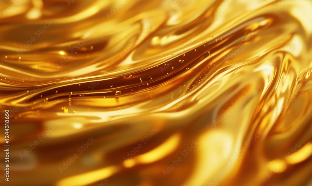 Poster abstract golden oil droplets suspended in water, vibrant light refractions creating dynamic shapes a