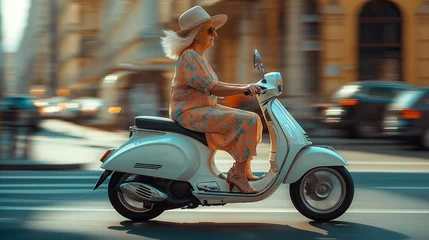Elderly woman riding a vintage scooter in the city