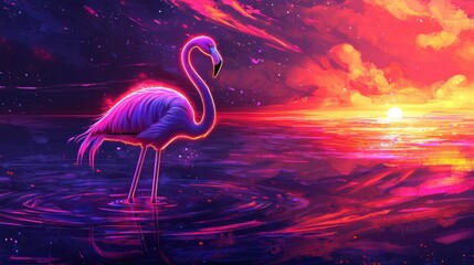 A flamingo is standing in a body of water with a sunset in the background