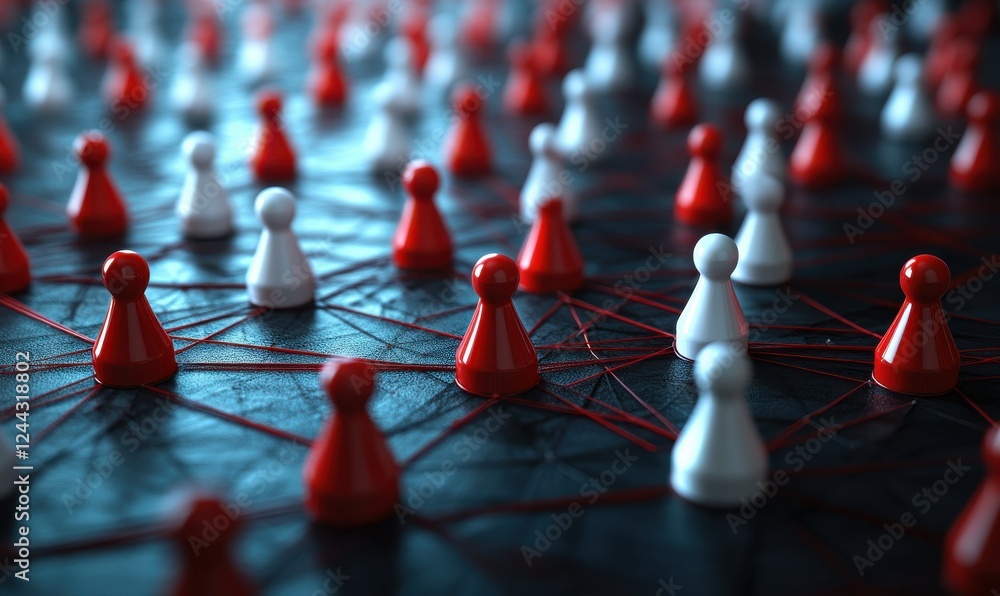 Poster abstract representation of social networking with red and white figurines connected by glowing threa