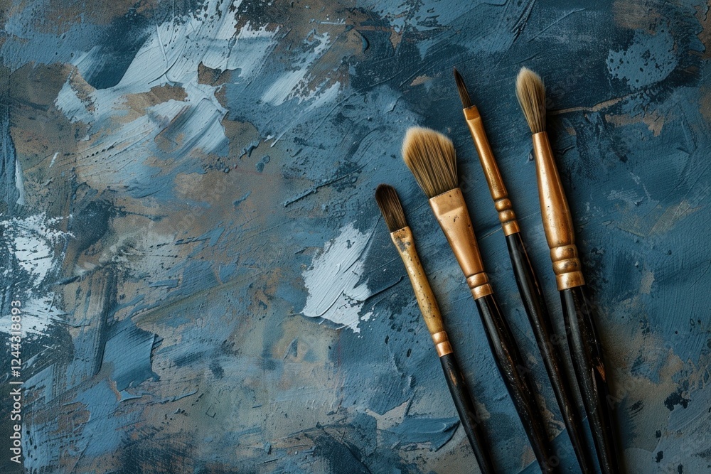 Poster four paintbrushes lie on a textured canvas, evoking the start of a creative process