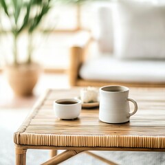 Fototapeta premium Bamboo bistro coffee table, Zen-inspired cafe, eco-friendly materials, serene ambiance