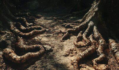 Abstract view of twisting roots on a forest floor, with intricate textures and deep shadows creating visual intrigue.