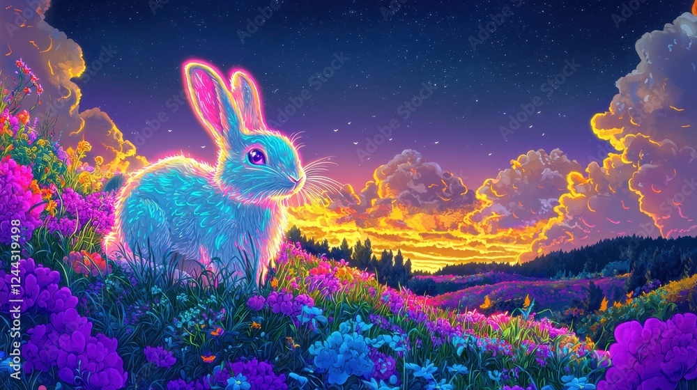 Aufkleber a rabbit is standing in a field of flowers with a colorful sky in the background