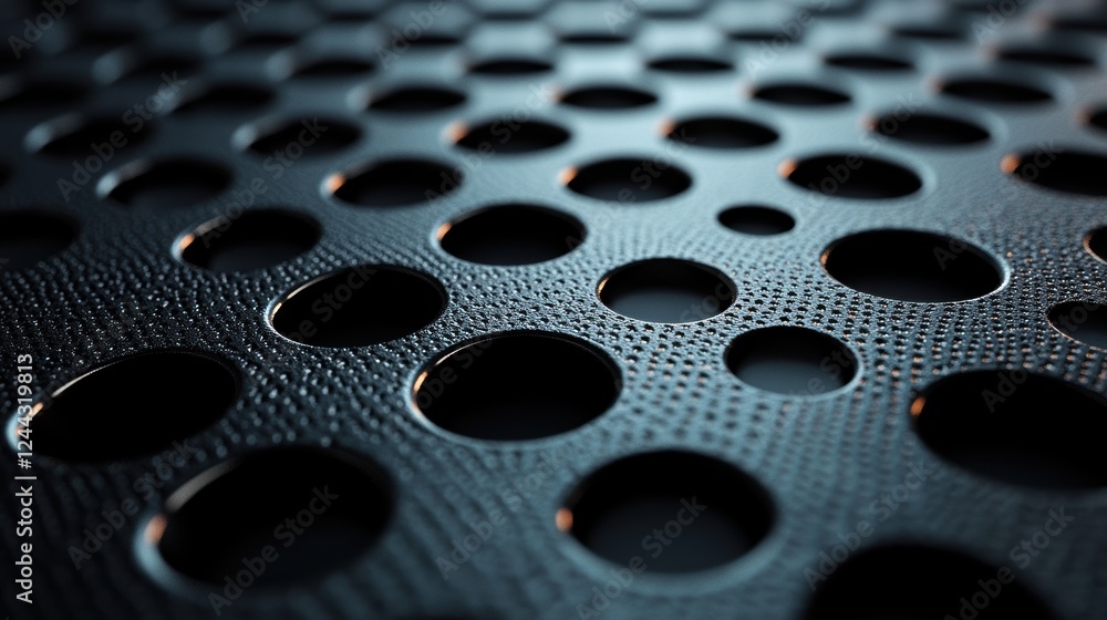 Poster close-up of a textured surface with circular cutouts and lighting effects.
