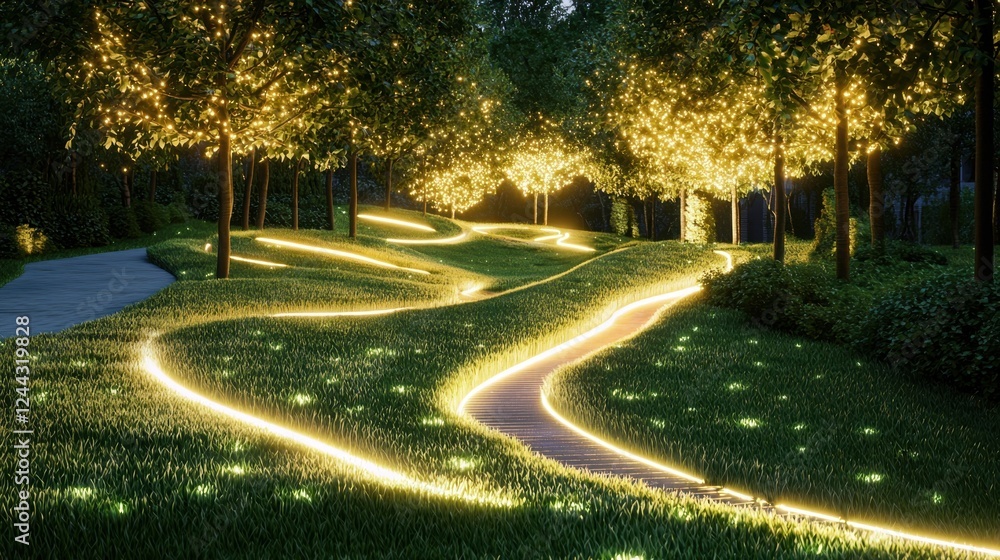 Poster a path in a park is lit up with lights, creating a warm and inviting atmosphere