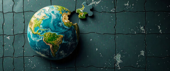 A puzzle piece is missing from a larger puzzle, and the piece that is missing is green. The puzzle is made up of many pieces, and the missing piece is a small part of the larger picture