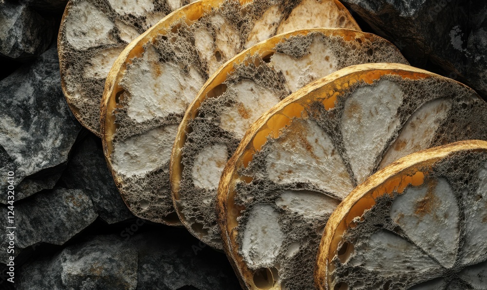 Poster Artisan bread slices on dark rustic background image