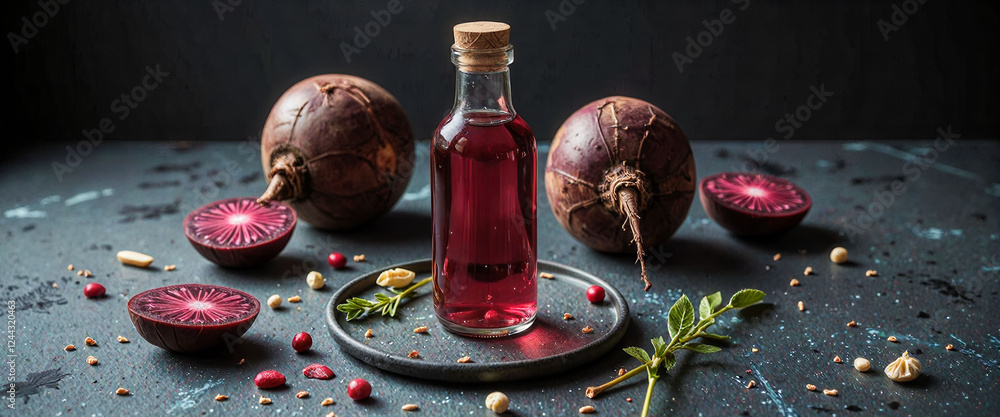 Poster a bottle of red liquid sits on a table next to a bunch of beets. the beets are cut in half and scatt