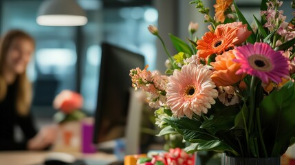 Office Desk Filled with Flowers and Gifts, Surrounded by Smiling Colleagues for March 8 and Valentine's Day