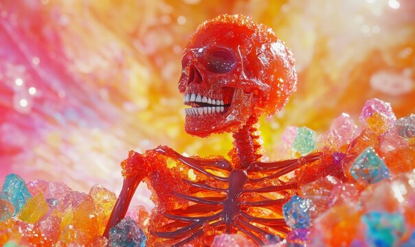 Artistic depiction of a skeleton coated with vibrant red candy against a backdrop of colorful sugar crystals, blending fun and edge.