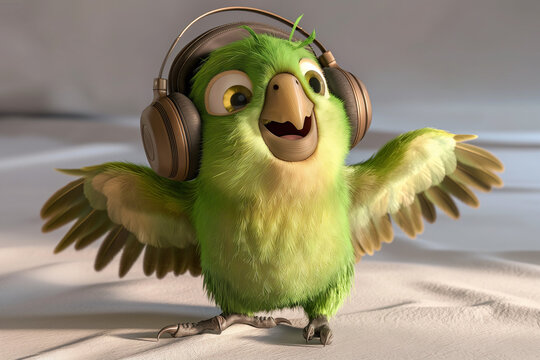 A charming 3D render of a cute, happy green parrot cartoon character