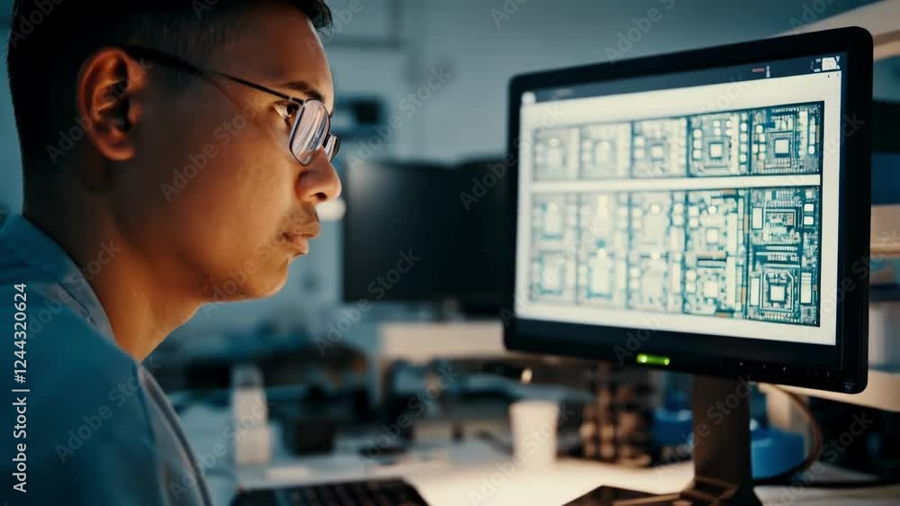 Poster focused electronics engineer working late at night in research facility, examining microchip schemat