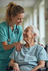 Obraz premium In a warm and inviting healthcare setting, a young nurse leans down to share a joyful moment with an elderly woman in a wheelchair. Their smiles radiate warmth and connection, highlighting the beauty