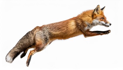 Stunning Aerial Leap of a Fox Against a White Backdrop, Showcasing Agility and Grace in a Dynamic Pose, Perfect for Digital Art, Home Decor, or Design Inspiration.