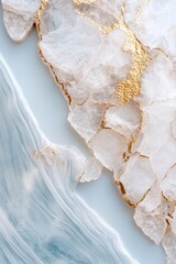 Layers of organic acrylic create a soothing blend of ocean blues and sandy neutrals, enhanced by soft gold leaf, ideal for premium resorts and boutique hotels seeking elegant aesthetics