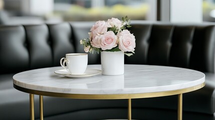 Chic hotel cafe, marble and brass bistro coffee table, stylish international setting