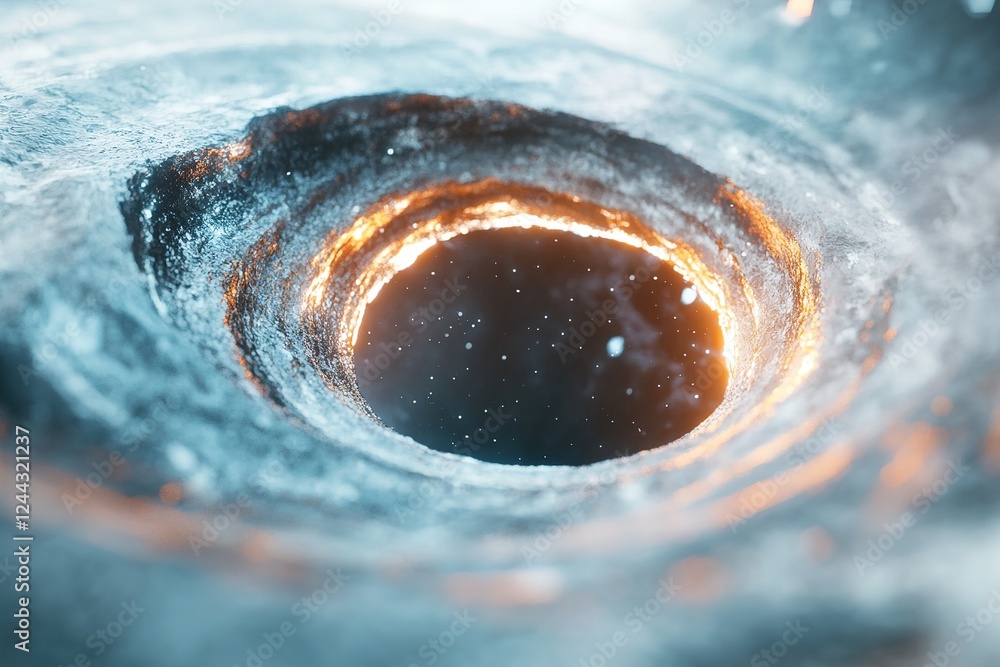 Poster this artwork presents a futuristic blackhole with intricate swirling metallic patterns. a luminous c