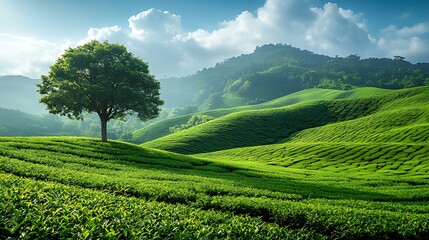 Fototapeta premium Lone tree on tea plantation hillside, misty mountains