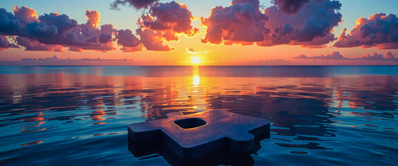 A puzzle piece is floating in the ocean at sunset. The scene is serene and peaceful, with the sun setting in the background and the water reflecting the colors of the sky