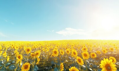 Bright yellow fields of sunflowers under a clear blue sky, gently illuminated by soft summer sunlight, styled to radiate warmth and optimism