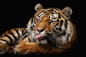 Studio shot of a sumatran tiger licking its paw against a black background