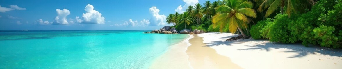 Fototapeta premium Lush vegetation meets pristine sandy beach, crystal clear water , plants, blue