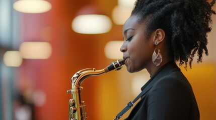 A woman playing a saxophone in a room with orange walls