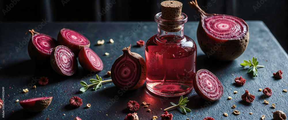 Poster a bottle of red liquid sits on a table next to a bunch of beets. the beets are cut in half and scatt