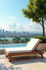Modern sunbed on sunny terrace, overlooking cityscape, building, rest