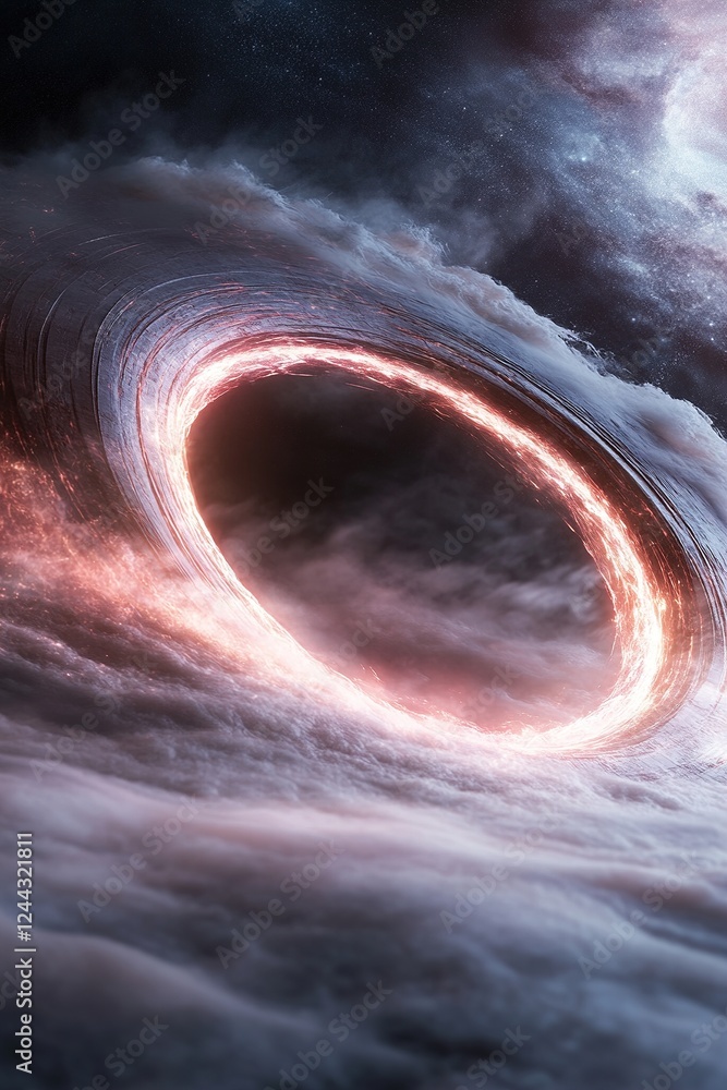 Poster this artwork showcases a futuristic blackhole-inspired design with a luminous cosmic vortex surround