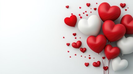 Elegant Valentine's Day design with red and white heart-shaped balloons and scattered heart confetti on a minimalist white background. Ideal for romantic event promotions, holiday greetings cards